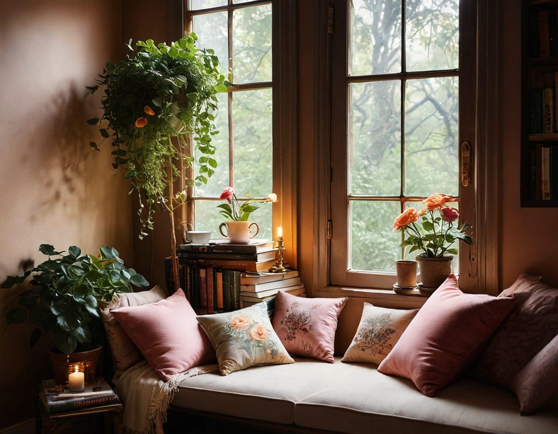 A whimsical bookshelf overflowing with colorful books, each cover playfully decorated with sensual imagery. A cozy reading nook is illuminated by soft, warm lighting, inviting intimacy. Scattered rose petals and a steaming cup of tea add to the allure, while a light breeze flows through an open window, adding a sense of movement. Exotic plants frame the scene, bringing a touch of nature to the ambiance. bohemian style. soft focus. warm colors.