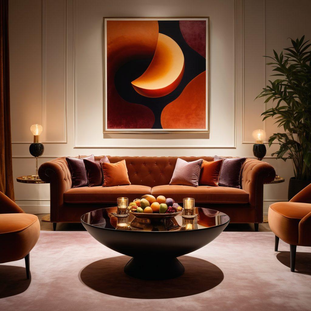 A tastefully designed intimate setting with soft, dim lighting, featuring plush velvet furniture and candles casting flickering shadows. Incorporate elements like a sophisticated cocktail on a glass table, a decorative bowl of exotic fruits, and abstract art pieces on the walls. Emphasize a sense of luxury, allure, and sensuality, with elegant curves and rich textures. super-realistic. warm tones. soft focus.