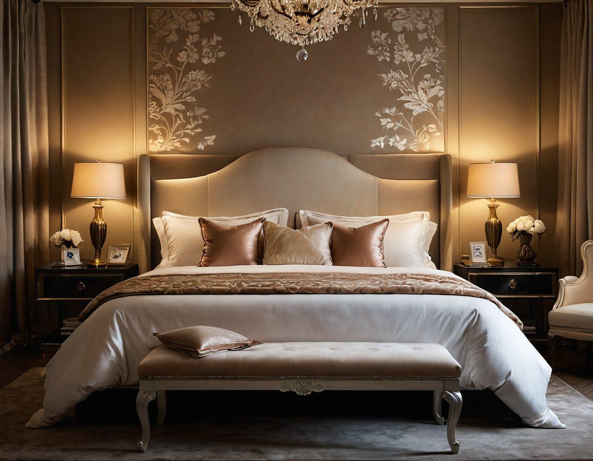 A captivating image of a luxurious and inviting bedroom adorned with soft, dim lighting. A silk bed with intricate patterns and plush cushions, evoking a sense of intimacy and sensuality. Subtle silhouettes of playful figures dancing in the background, representing seduction and allure. A glass of champagne on a nightstand, adding a touch of elegance. The atmosphere should feel warm and inviting, with a hint of mystery. super-realistic. warm tones. inviting ambiance.